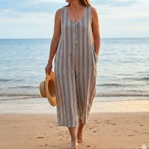 Mod O Doc Jumpsuit XL Striped Wide Leg Crop Lagenlook Coastal Beach Pockets